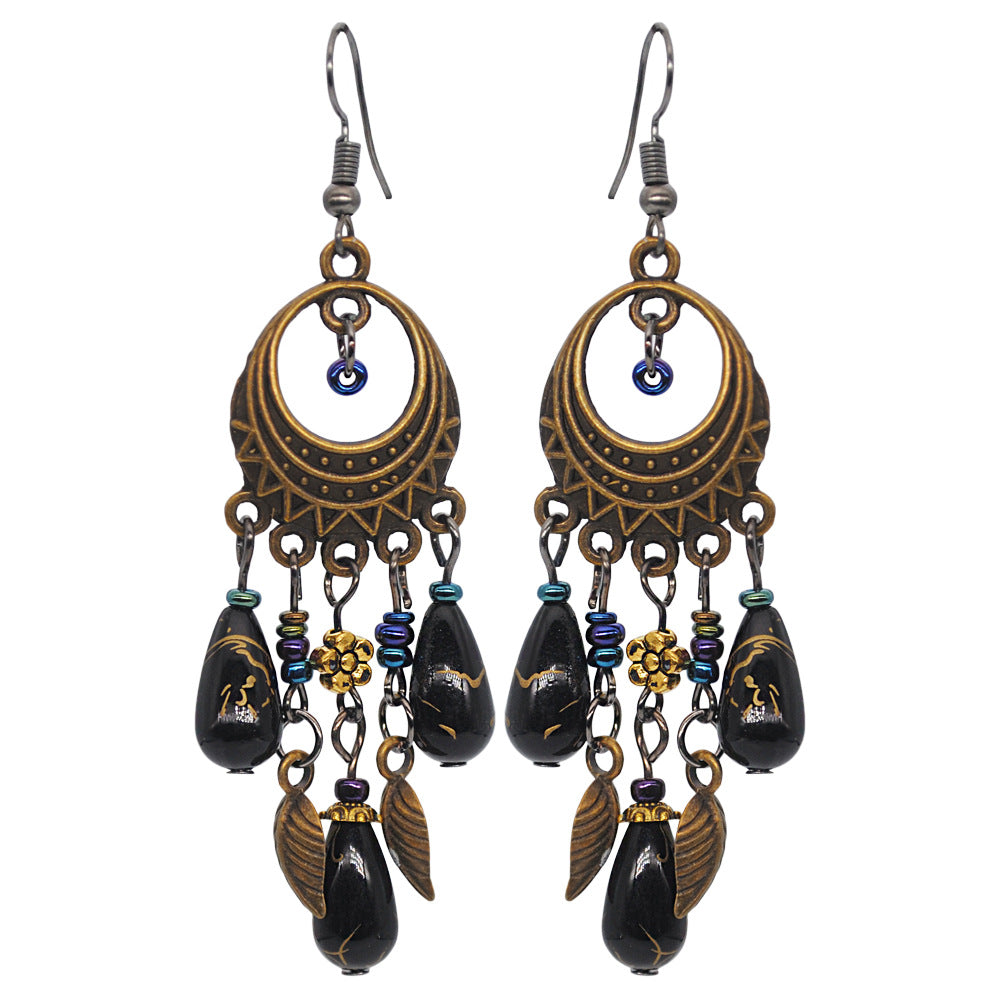 Wholesale Vintage Ethnic Tassel Leaf Alloy Earrings